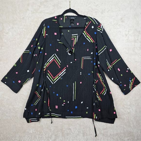 Ali Miles Blouse 1X Geometric Sheer Button Retro Relaxed Timeless Artsy Black - Picture 1 of 7